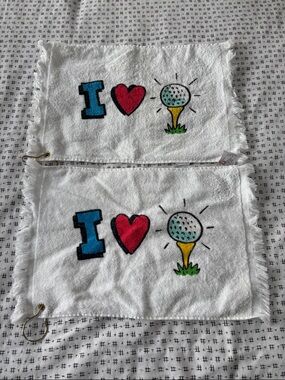 Vintage Hallmark Golf Towels, set of 2, white w/ graphics, hanging hook,17.5x11”